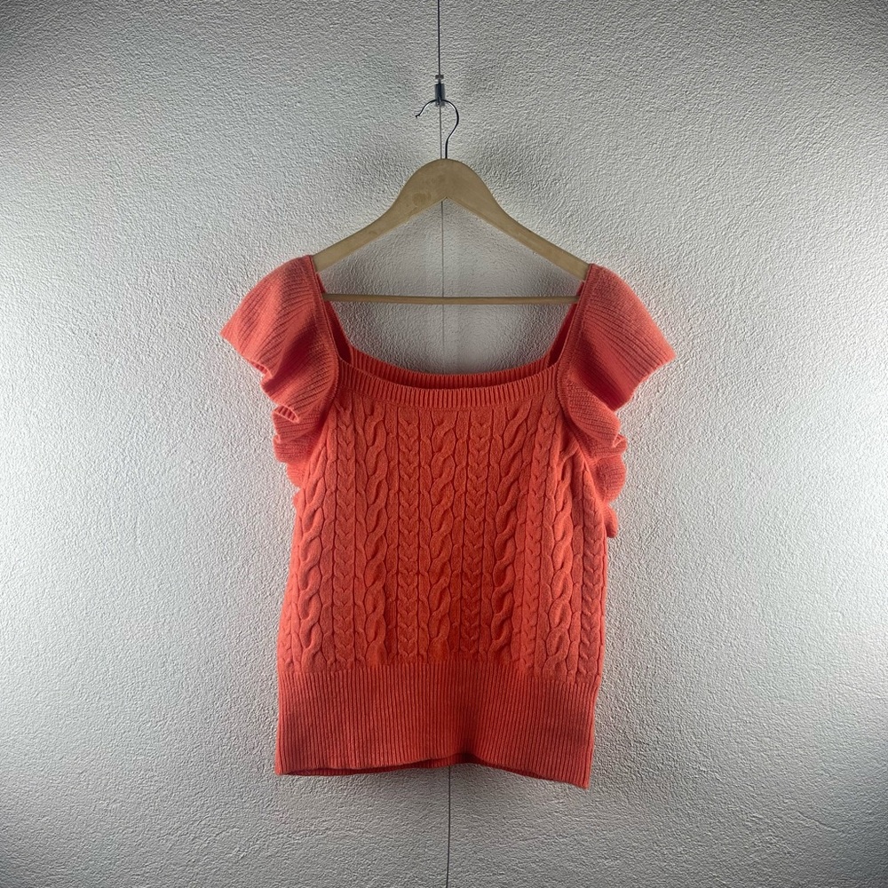 A New Day l M Cable Knit Ribbed Ruffle Flutter Sleeve Square Neck Preppy Sweater